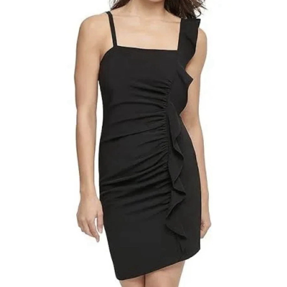 GUESS Ruffled Bodycon Dress Black Solid Straight Neck Back Zip Closure Sz 12 NWT